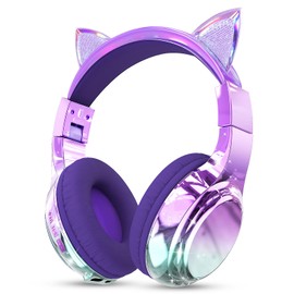 QearFun Kids Cat Ear Bluetooth Headphones, 60H Playtime, 3-Level 74/85/94dB Safe Volume Limit, Wireless Headset with Mic for Girls, Bluetooth 5.3, Foldable for School/Travel/Tablet - Purple