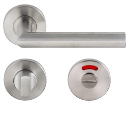 Aperit 49.203.03 Door Handles: Professional Door Fitting T-Model - EN1906 Class 3 - Pair of Door Handles with Toilet Lock - Handle Set / Door Handle for Interior Doors, Round, Matte Stainless Steel