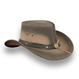 Leatherick Cowboy Hat for Men - Western Aussie Style Outback Hats Genuine Crazy Horse Leather with Chin Strap, black