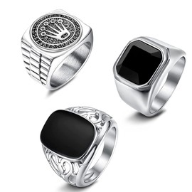 JeweBella Set of 3 Men's Signet Ring, Stainless Steel Vintage Punk Biker Rings Set, Gothic Rings, Crown Jewellery for Men and Women, Size 54-70, Stainless Steel
