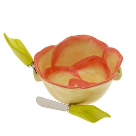 Boston International Ceramic Bowl and Spreader Serving Set, 14 Ounces, Flower Party