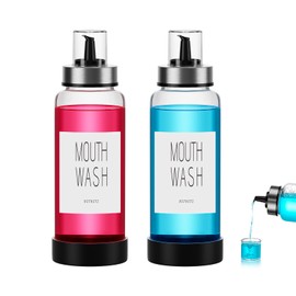 VITVITI 10OZ Mouthwash Dispenser for Bathroom, Glass Mouth Wash Container with Cup Lid, Clear Refillable Mouthwash Bottle Decanter with Silicone Pad/Labels, Set of 2