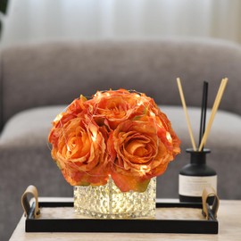 YSZL Artificial Rose in Glass Vase Vintage Silk Flower Arrangement with LED Light for Table Centerpiece Home Wedding Decoration (Orange)