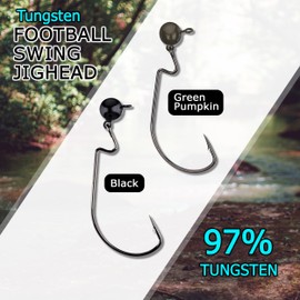 Reaction Tackle Tungsten Football Swing Jig Heads - Bass Fishing Jigs -Swinging Action Trigger Bait -Versatile Jig with Sharp Hooks -Mimics Crawfish- Green Pumpkin- 1/4