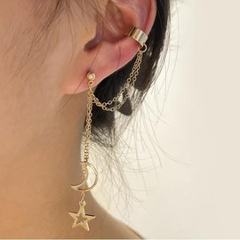 Gold Moon and Star Chain Tassel Earring for Women Dangling Cute Chain Fun Clip On Hoop Earring Long Drop Funny Lightweight Girls Jewelry (Gold 1PCS)