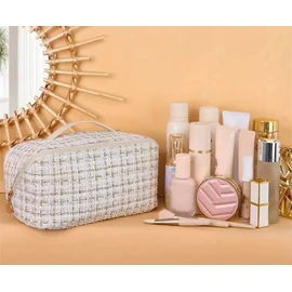 HealthyMoov Kulturbeutel, Kosmetiktasche, Kosmetiktasche, Kosmetiktasche, Reisetasche, Beauty-Zubehör, Aufbewahrung, Badezimmer, Tweed, Weiß, weiß, Kulturbeutel