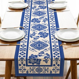 Croar Chinoiserie Flower Dining Table Runner, Vintage Blue and White Porcelain Floral Burlap Kitchen Decoration, Farmhouse Retro Indoor Outdoor Home Decor Party Supply 13 x 72 Inches