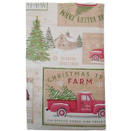 The Happy Holiday Christmas Tree Farms' Signs Fresh Christmas Trees Vinyl Tablecloth Flannel Backing Red Pick up Trucks Hauling Trees Presents (52" x 70" Oblong)