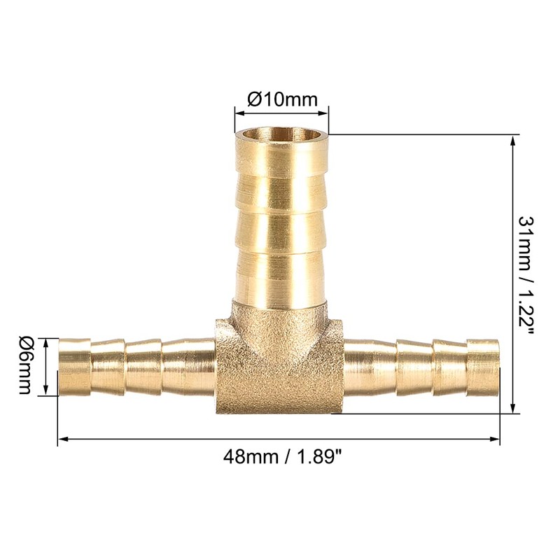 sourcing map 6x10x6mm Brass Hose Reducer Barb Fitting Tee T-Shaped