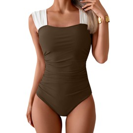 B2prity Womens One Piece Swimsuit Retro Square Neck Tummy Control Bathing Suits Ruched Modest Full Coverage Swimwear Brown,White