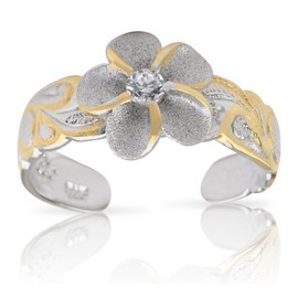 Hawaiian Sterling Silver Plumeria Flower Lab Created CZ Toe Ring Jewelry