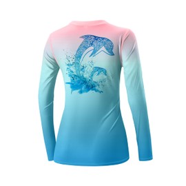 Women's Long Sleeve Sun Protection Crew Neck Hiking Shirts Swimming Tops Dry Fit Uv Rashguard Blue Pink Dolphin L