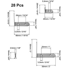 TOP-VIGOR 28Pcs Angle Brackets, 20 x 20mm, 40 x 40mm, 50 x 50mm L Brackets for Wood 90 Degree Right Corner Brace, Stainless Steel Brackets with Screws for Furniture Fixation