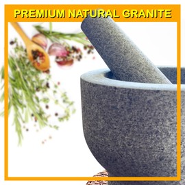 Extra Large Natural Stone Mortar & Pestle Set, 5 Cup 8" Heavy Duty Granite Grinder Bowl Unpolished Exterior, 2 Pestles, Molcajete & Tejolote de Piedra Spice Guacamole Pesto Herb Crusher