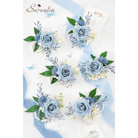 Serwalin 6 PCS Wrist Corsages for Wedding, Girl/Mother Bride Bridesmaids Corsages Wristlet Decor for Prom Wedding Anniversary Homecoming (Blue & Dusty Blue)