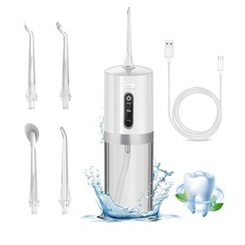 EMIAFB Irrigador Dental Eléctrico, Irrigador Bucal Portatil, 5 Boquillas, 3 Modos de Limpieza, Tanque de 280ml, USB Recargable e Impermeable IPX7, Diseño Portátil, Ideal para Higiene Dental Completa, Blanco