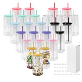 25 Pack Snow Globe Tumblers Sublimation Double Wall Glass Blanks With colorful lid and straw 16 oz Sublimation SnowGlobe Tumbler Pre Drilled Beer Can Glass Cup, Glitter Snow Globe Cup for DIY