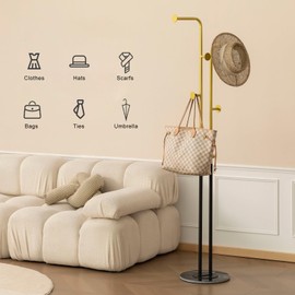 JIAYUEJU Coat Rack Freestanding Heavy Duty, Metal Coat Tree with 5 Hooks with Marble Base,Modern Clothes Rack,Corner Coat Stand for Bedroom Entryway Office 12.6 x 12.6 x 66.54 Inches (Gold)