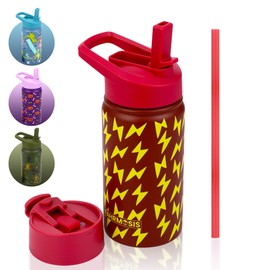 FAHRMOSIS - Botella de agua para niños de 14 onzas, botella de agua aislada con pajita y 2 tapas, botella de agua reutilizable con doble aislamiento, botella de agua para niños a prueba de fugas para