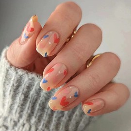 Pack of 24 Valentine's Day False Nails Square Short Red Blue Love Heart Artificial Nails Press On Nails, French Artificial Nails for Sticking with Design, Glossy Fingernails Fake Nails for Women and