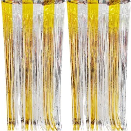 CYBERNOVA 2 Pack Fringe Curtain Backdrop Two-Toned, 3.2Ft x 6.6Ft Metallic Tinsel Foil Fringe Streamers Curtains Background for Wedding Birthday Anniversary Graduation Party Decoration (Gold-Silver)