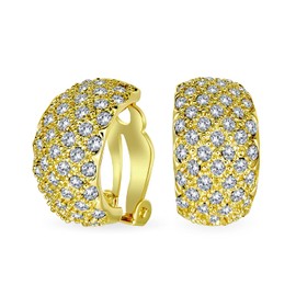 Fashion Bridal Pave Encrusted Crystal Wide Half Dome Clip On Earrings For Women Wedding Party Non Pierced Ears Yellow Gold Plated