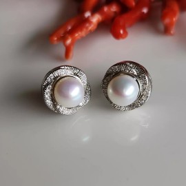 H&F Natural 4A Pearl 12mm Flower Petal Stud Earrings 925 Sterling Silver