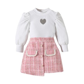 UUAISSO Toddler Baby Girl Clothing Long Sleeve Ribbed Tops Plaid Tweed Pattern Skirt Beret Autumn Button Outfits Sets, Pink heart