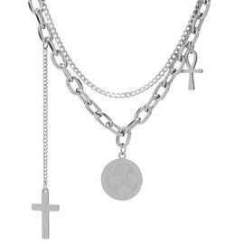 AITAOTAO Cross Pendant Necklace for Women - Round Female Image Layered Necklace - Paperclip Box Link Chain - Elegant Christian Jewelry, 19"