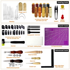 Daily Treasures 73pcs Leather Craft Kits with Portable Handbag, Leather Working Kit with 18 Punch Tool,Tracing Wheel,7 in 1 Groover,Awl,Waxed Thread,Needles,Tools for DIY Polishing Sewing Cutting
