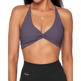 Danysu Backless Sports Bra Buttery Soft Workout Tops with Removable Padded Yoga Training Bra Strappy Going Out Top, #2.twirl front stone grey, S