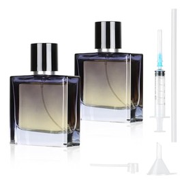 Pack of 2 50 ml Perfume Atomiser, Gradient Blue Square Perfume Atomiser for Women or Girls, Empty Perfume Bottle with Accessories such as Funnel, Perfume Dispenser and Syringe for Travel