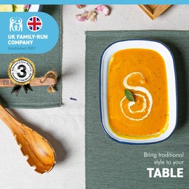 White 20cm Long Oval Enamel Pie Dish with Navy Blue Edging | Tableware | Metal Outdoor Camping Roasting Oven Dishes | Traditional Classic Style