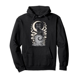 Black Gothic Cat Moon Tombstone Gravestone Dark Academia Pullover Hoodie
