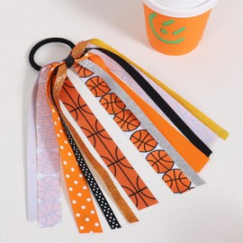 Basketball Ponytail Holder Hair Streamer Tie,Sports Hair Accessory for Girls Women, Glitter Pony Bow Elastic Band for Game Day Cheerleading Athletic outfit Decor 8.7in