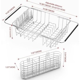 Escurridor grande para platos en el fregadero expandible, ajustable de acero inoxidable 304, escurridor organizador de platos de metal con soporte para utensilios de acero inoxidable sobre el