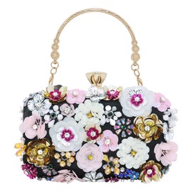 Milisente Floral Clutch Bag for Women Beaded Flower Evening Purse with Diamond Closure Detachable Chain for Wedding(Black)