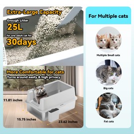 Enclosed Stainless Steel Cat Litter Box with Lid Extra Large Litter Box for Big Cats XL Metal Litter Pan Tray with High Wall Sides Enclosure,Easy Cleaning, Anti-Leakage, Non-Sticky. (Sliver & Gray)