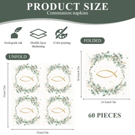 60Pcs Servietten Taufe Servietten Hochzeit Kommunion Tischservietten 2 Lagige Frühling Blumenkranz mit Fisch Eukalyptus Muster für Kommunion Taufe Hochzeit Gartenparty Geburtstag Ostern Taufe,33×33cm