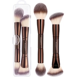 MAGEFY 2 Piezas Brochas de Maquillaje de Doble Punta, Set de Brochas para Maquillaje para Disimular, Difuminar, Fijar y Aplicar Polvo, Líquido o Crema, Kit de Maquillaje Profesional con Base de Maquillaje (Café Marrón 02)