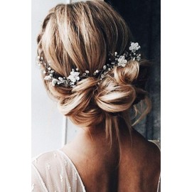 BERYUAN Bridal White Flower Headband Silver Leaf Hair Vine Band for Bride Crystal Rhinestone Wedding Hair Accessory Gift for Her Party Hair Piece for Women and Girls(Silver)