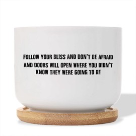 DecStic Follow Your Bliss and Don't Be Afraid and Doors Will Open Planters Ceramic Bible Verse Round Flower Pot with Drainage Holes and Bamboo Tray Pot for Home Office Decoration