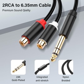 PNGKNYOCN 1/4 Inch to 2RCA Y Splitter Cable, 6.35 mm TRS Male to Dual RCA Female Stereo Audio Splitter Cable for Guitars, Speakers, Home Stereo Systems (0.3 m)