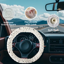Crochet Steering Wheel Cover, Sunflower Steering Wheel Cover, 14-15 inch, Universal fit, Boho Car Accessories, for Men, Women and Girly, White (A Wheel Cover)