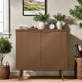 FONTOI Buffet Cabinet, Sideboard Fluted Cabinet Modern Kitchen Buffet Storage Cabinets with Doors and Shelves, Wood Farmhouse Coffee Bar Station for Entryway & Dining Room & Living Room, Walnut