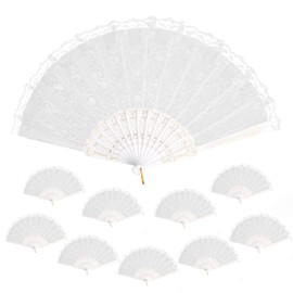 Elovara 10 Pcs White Lace Embroidery Folding Hand Fans for Wedding Party