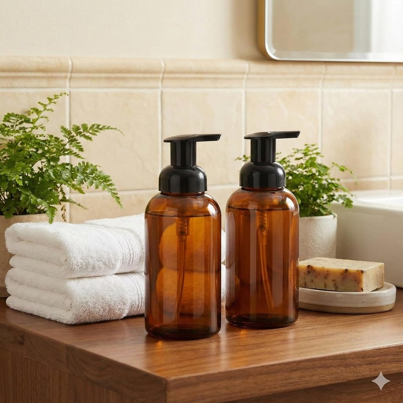 2 Pack Amber Glass Jar Soap Dispenser with Foaming Pump,