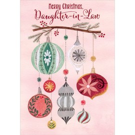 Designer Greetings 8 Sparkling Ornaments Hanging from Single Branch on Pink Christmas Card for Daughter-in-Law