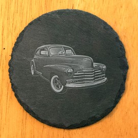 Art Deco Delight: 1940s Chevy Stylemaster Laser-Etched Coasters - Round Slate - set of 4