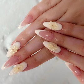 Press On Nails -Almond White 3D Flower Fake Nails with Glaze Finish | Salon Quality | 24 nail kit -12 Sizes with 48 Jelly tabs| Reusable Durable Easy-Removal False Nails